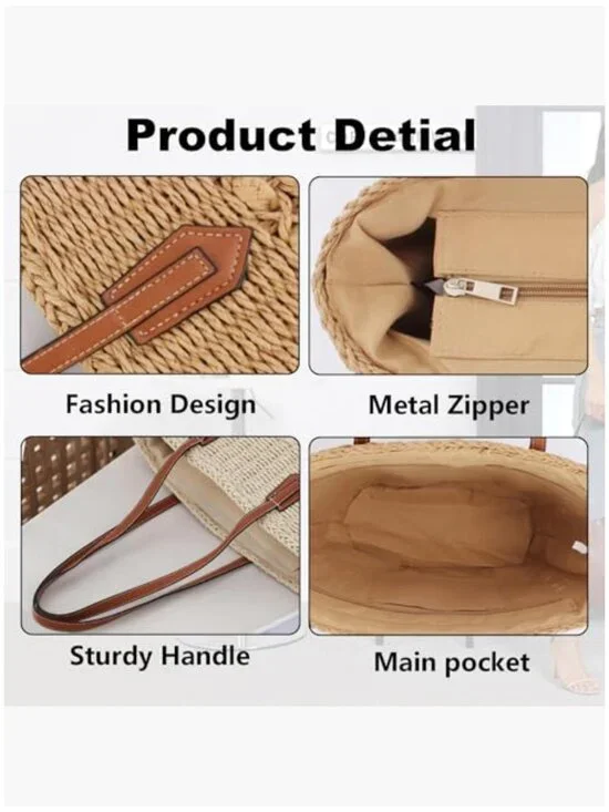 Large Straw Shoulder Bag Woven Tote Travel Handbag Purse - Picture 5 of 7